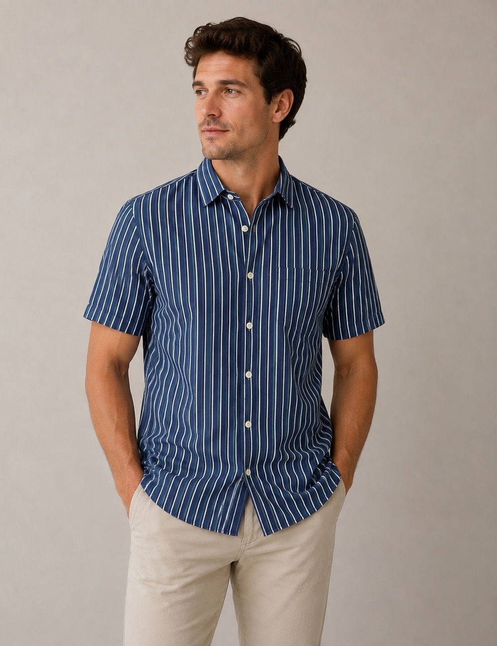 Banana Republic Men's Slim Fit Navy Striped Short Sleeve Shirt Size L VG